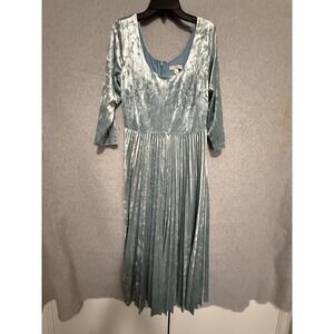 Eva Mendes Dress Womens Medium Blue Crushed Velvet Pleated Fit Flare Midi Party